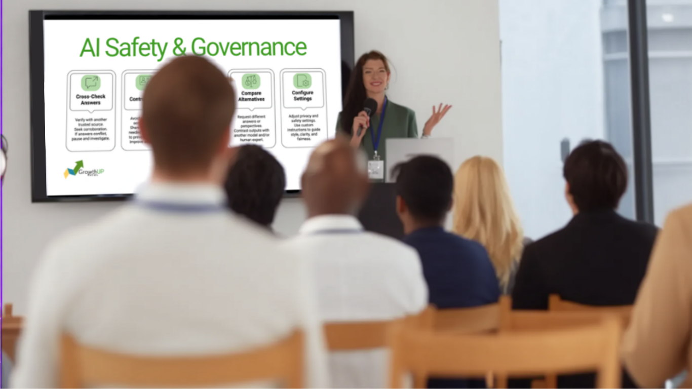 Abigail Merrill giving an AI governance talk in a lecture hall