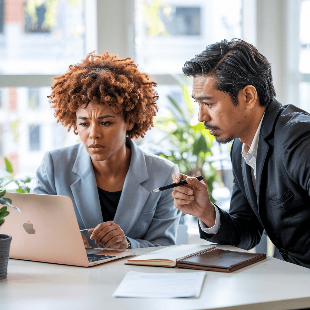 Two professionals looking concerned at a laptop while trying to make sense of their AI options