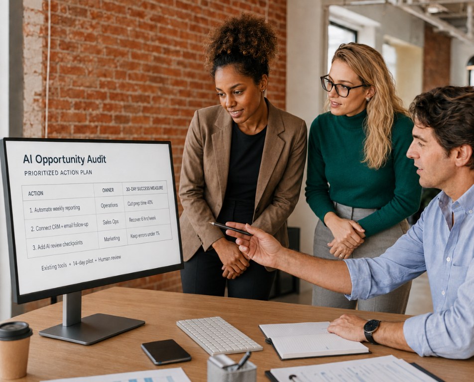 A team reviewing an AI Opportunity Audit prioritized action plan on screen
