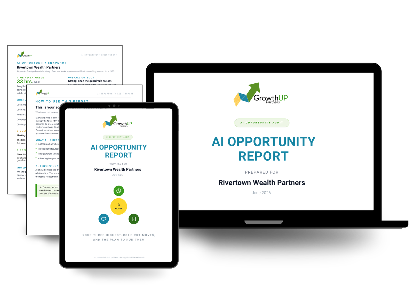 The AI Opportunity Report shown on a laptop and tablet, with the snapshot and how-to-use pages behind