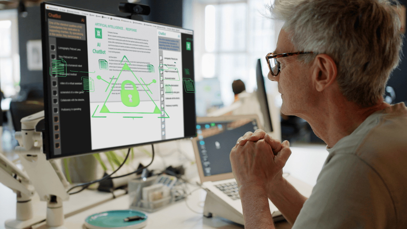 A leader reviewing an AI governance and risk framework on screen