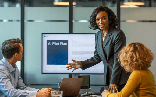 Two colleagues working together at a laptop, a picture of human-centered AI that augments people
