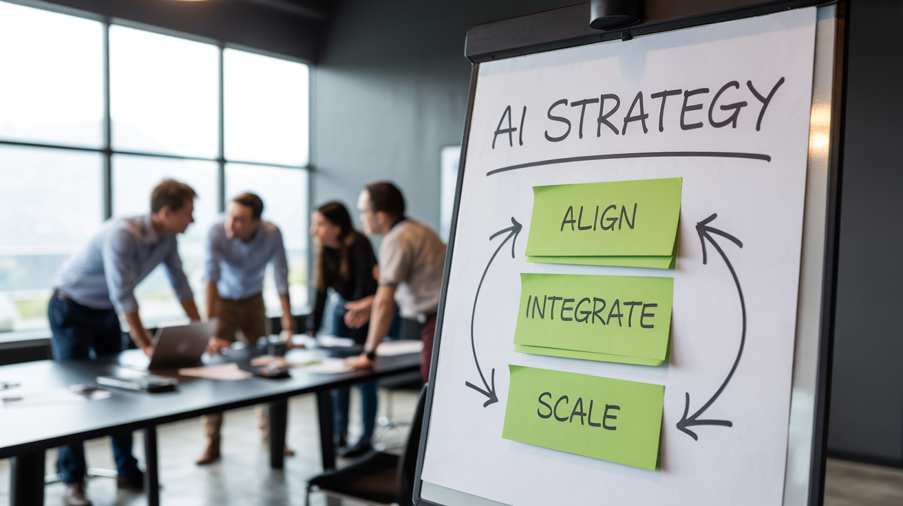 The AI for ROI Framework on a whiteboard: Align, Integrate, Scale