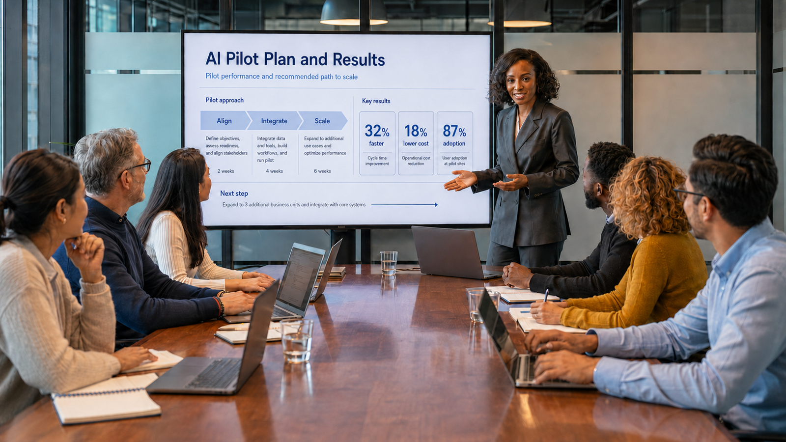 A leadership team reviewing an AI pilot plan and results on screen, with phases and measured outcomes