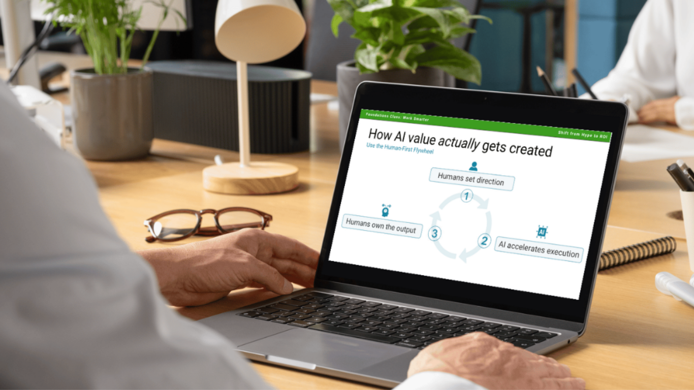 A virtual AI Foundations session on a laptop with a team joining remotely